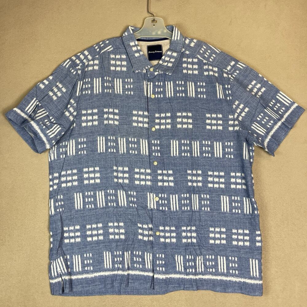 Tommy Bahama Shirt‎ Mens XXL Blue Geometric Hawaiian Woven Silk Bland Relaxed